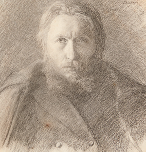 Léon Delachaux, "Autoportrait au manteau" (detail), circa 1885, black chalk. Private collection.