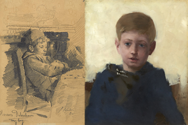Fig. 3 : Léon Delachaux, "Clarence Delachaux, my boy", 1884, pierre noire, collection particulière. Fig. 4 : Léon Delachaux, "Portrait de Clarence Delachaux", 1887, huile sur panneau, collection particulière.