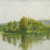 Paysage, bord d'eau au bouquet d'arbres